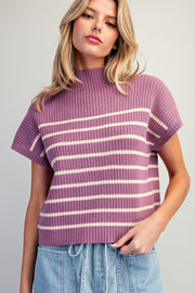 Ciara Stripe Mock Neck Short Sleeve Sweater