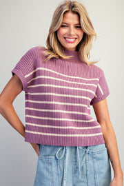 Ciara Stripe Mock Neck Short Sleeve Sweater