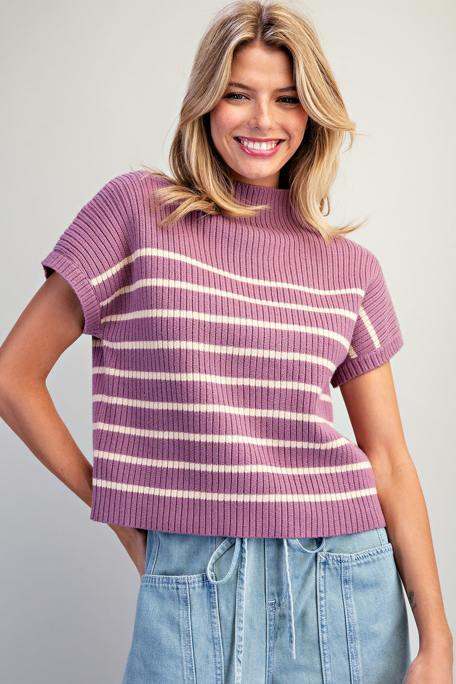 Ciara Stripe Mock Neck Short Sleeve Sweater