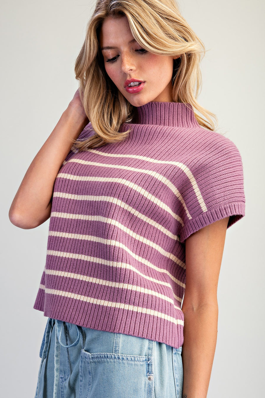 Ciara Stripe Mock Neck Short Sleeve Sweater