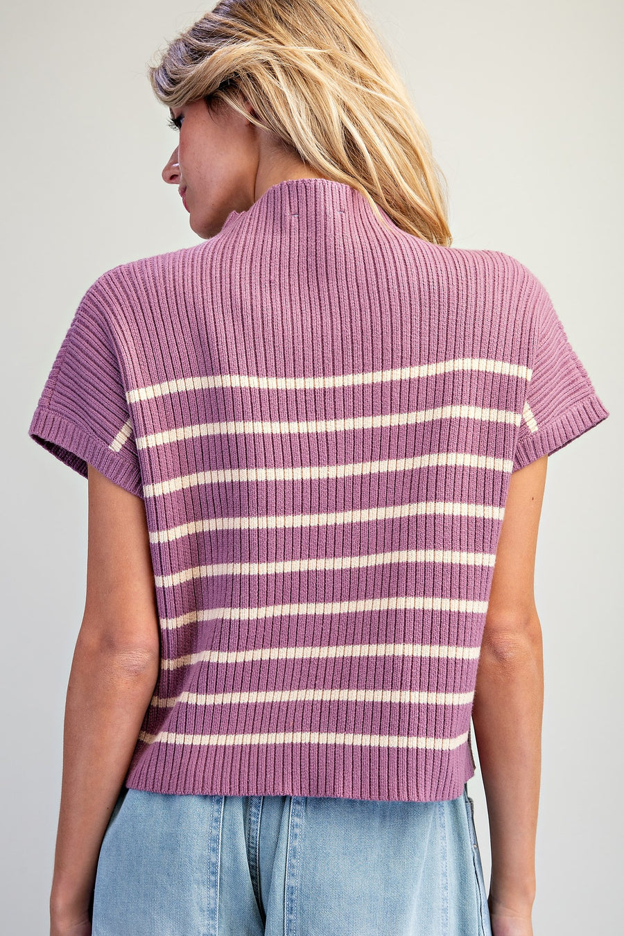 Ciara Stripe Mock Neck Short Sleeve Sweater