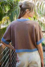 Carrie Contrast Trim Short Sleeve Button Front Sweater