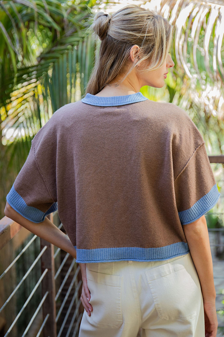 Carrie Contrast Trim Short Sleeve Button Front Sweater