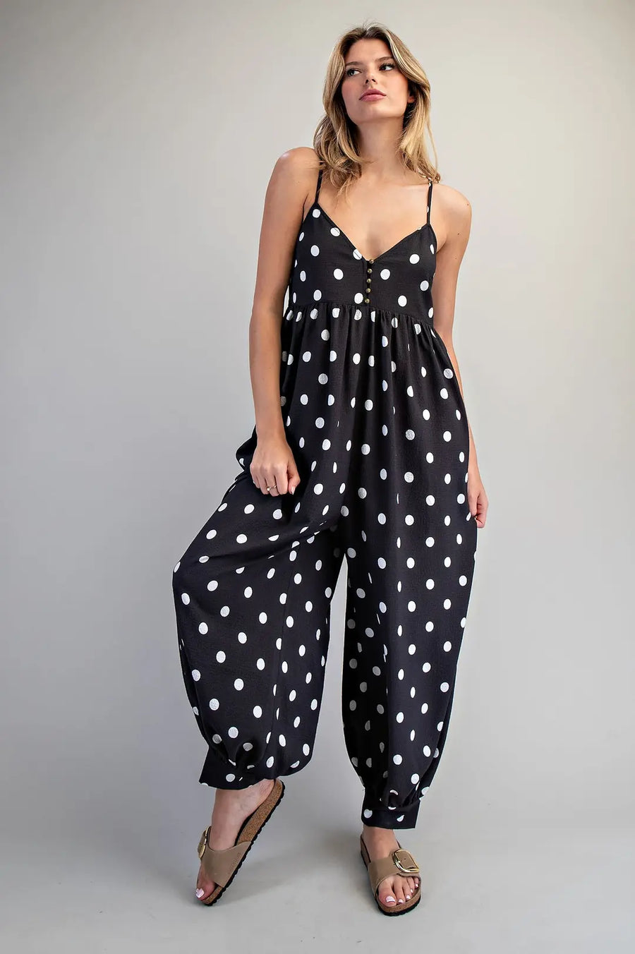 Payton Polka Dot Button Down Harem Jumpsuit Romper