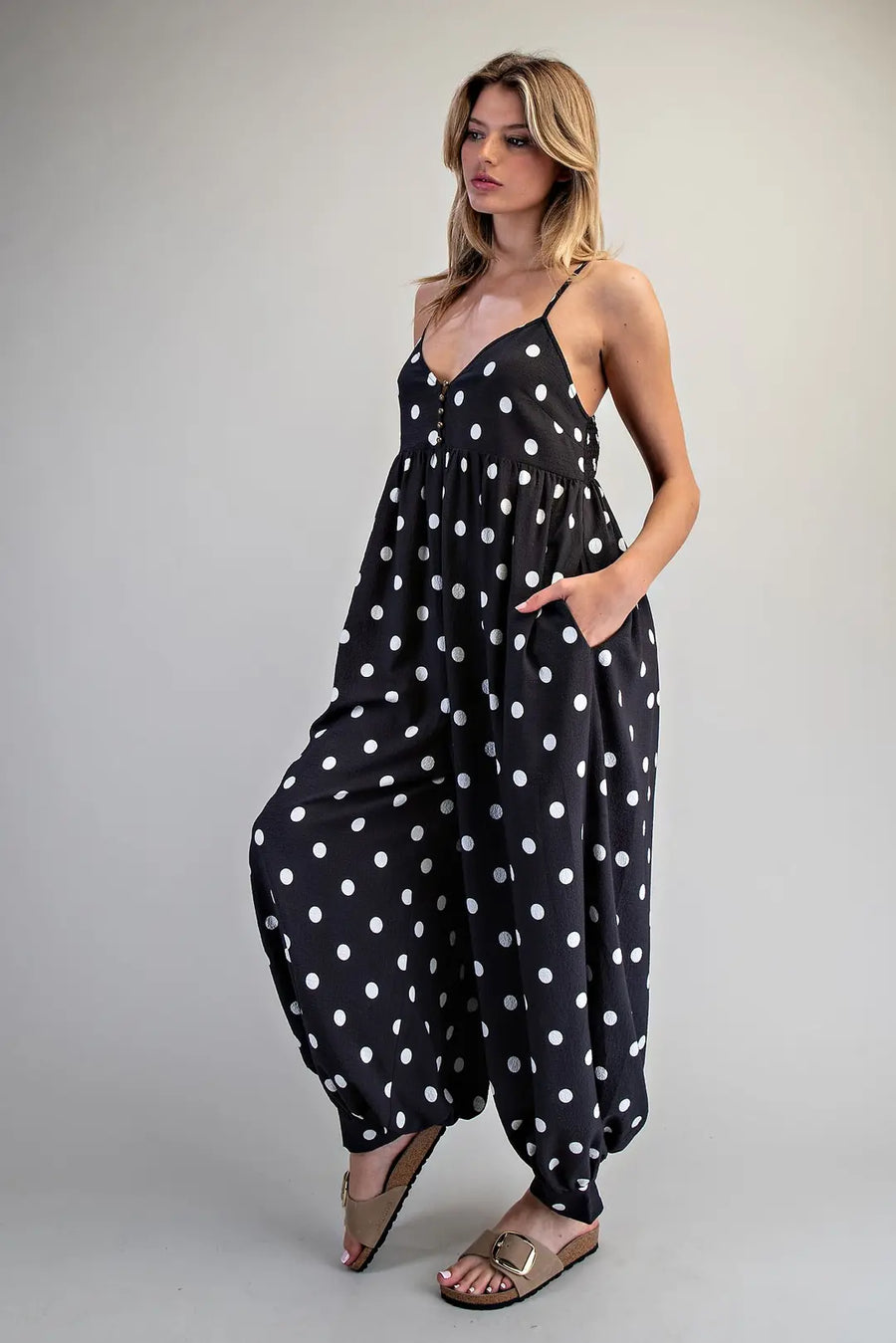 Payton Polka Dot Button Down Harem Jumpsuit Romper