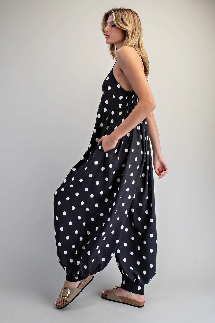 Payton Polka Dot Button Down Harem Jumpsuit Romper