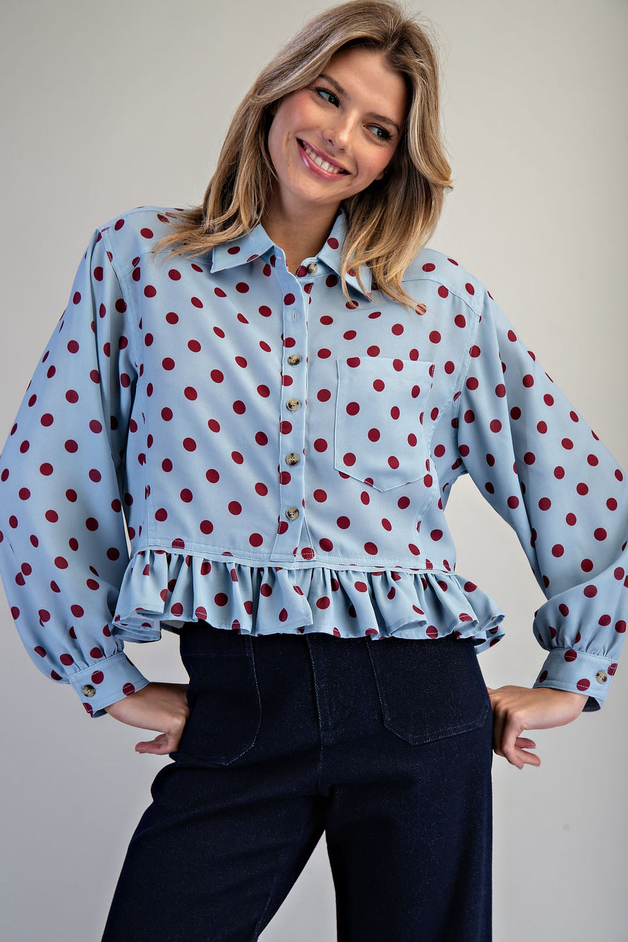 Tamberly Polka Dot Ruffle Hem Button Front Top