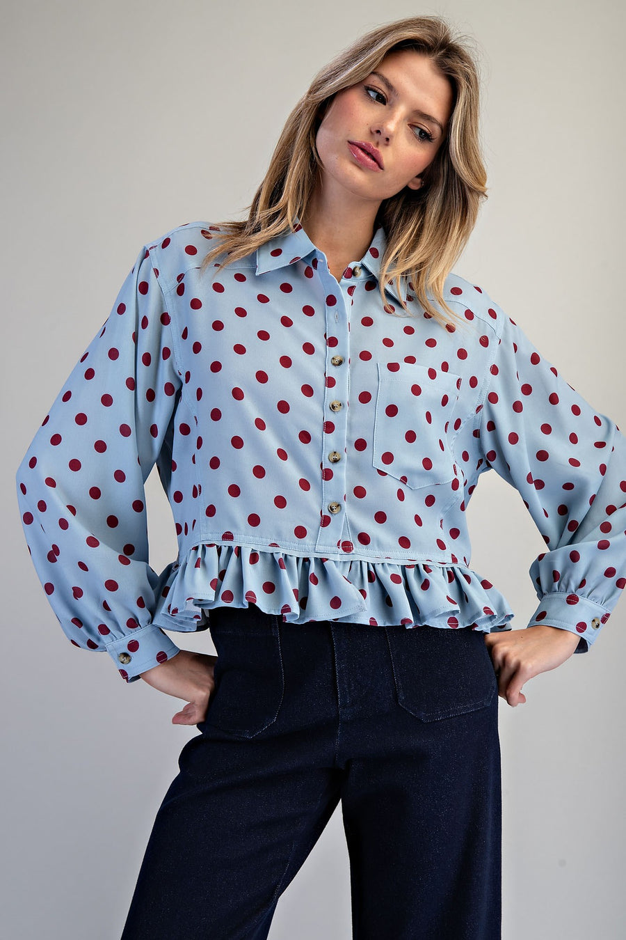 Tamberly Polka Dot Ruffle Hem Button Front Top