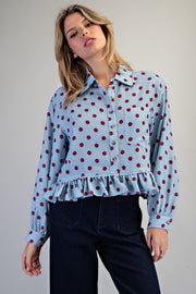 Tamberly Polka Dot Ruffle Hem Button Front Top