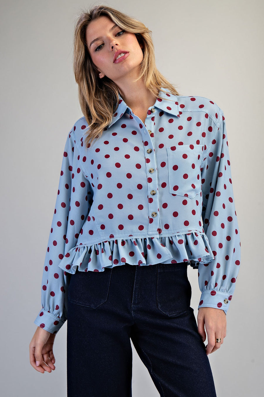 Tamberly Polka Dot Ruffle Hem Button Front Top