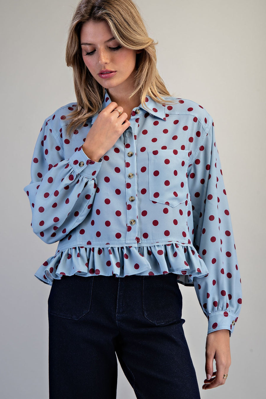 Tamberly Polka Dot Ruffle Hem Button Front Top