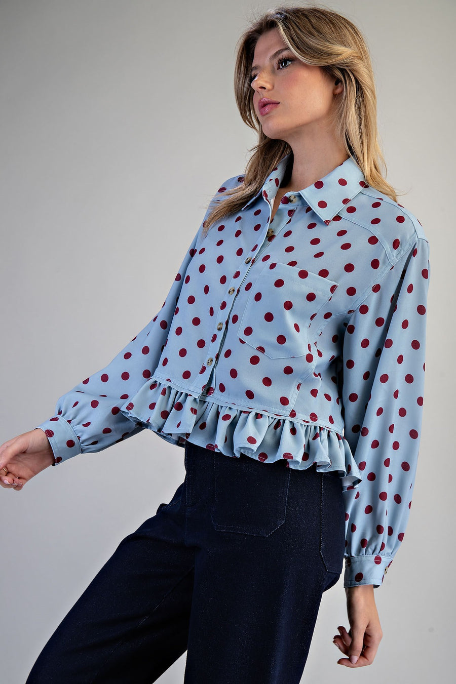 Tamberly Polka Dot Ruffle Hem Button Front Top