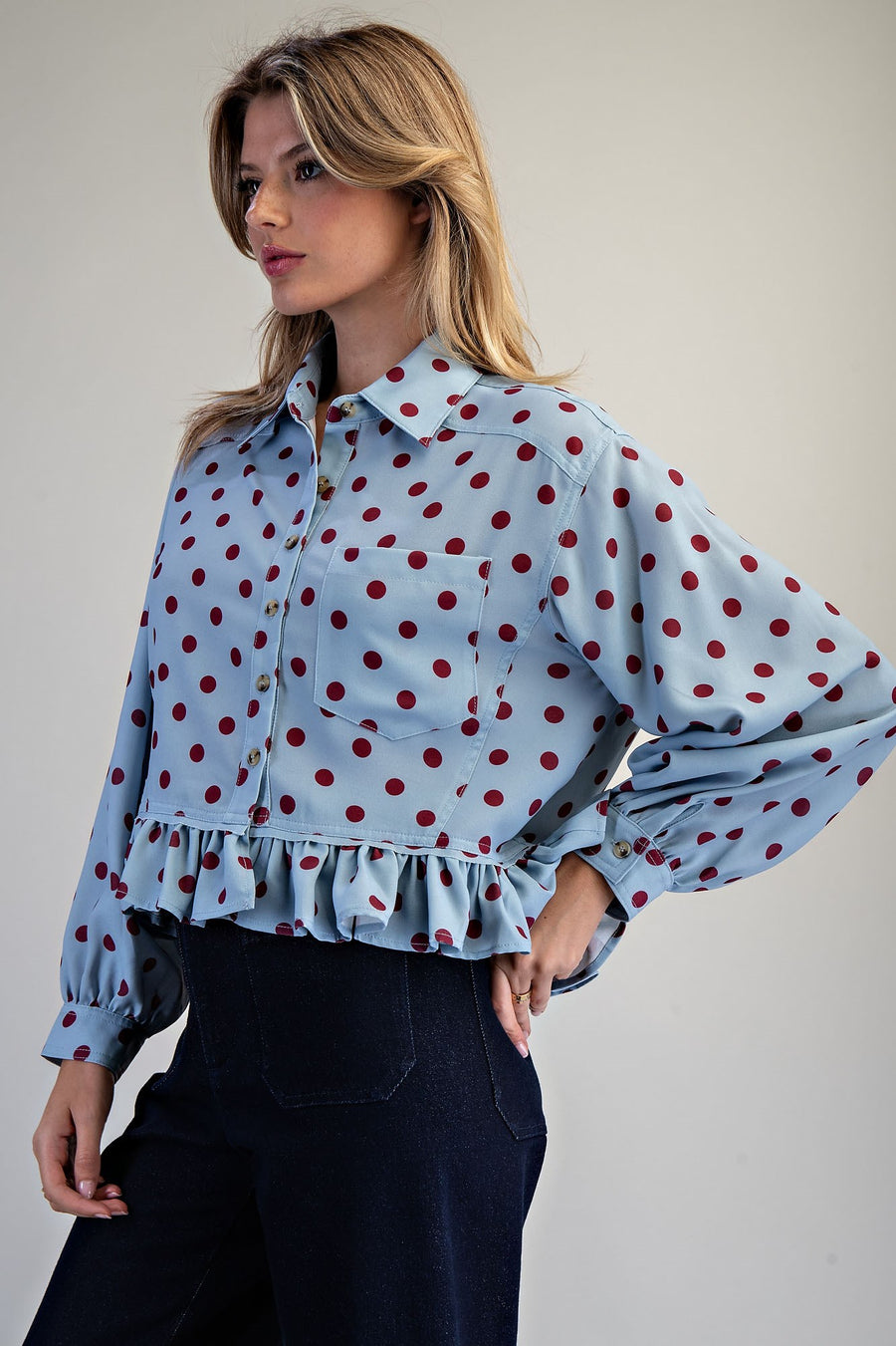 Tamberly Polka Dot Ruffle Hem Button Front Top
