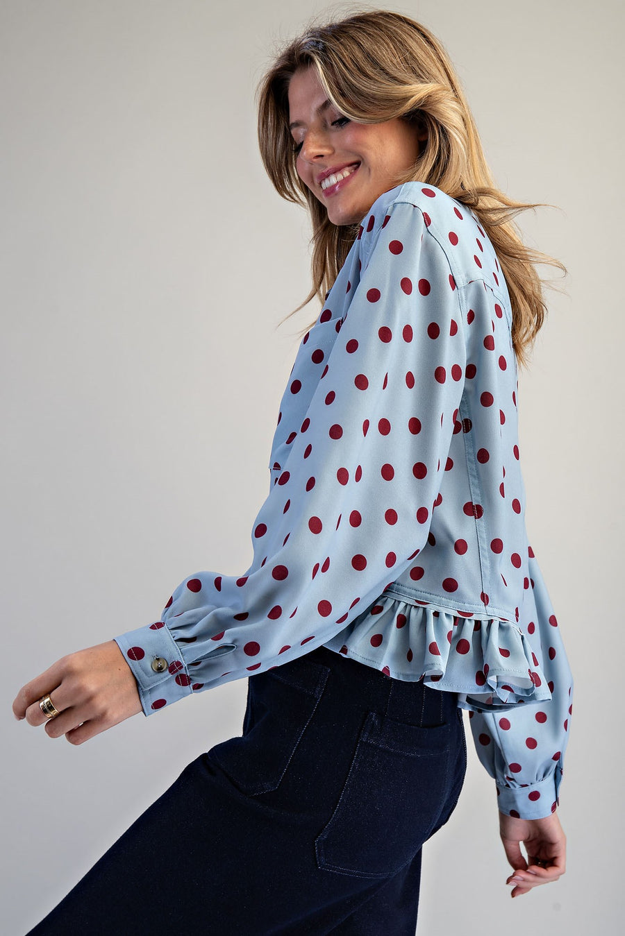Tamberly Polka Dot Ruffle Hem Button Front Top