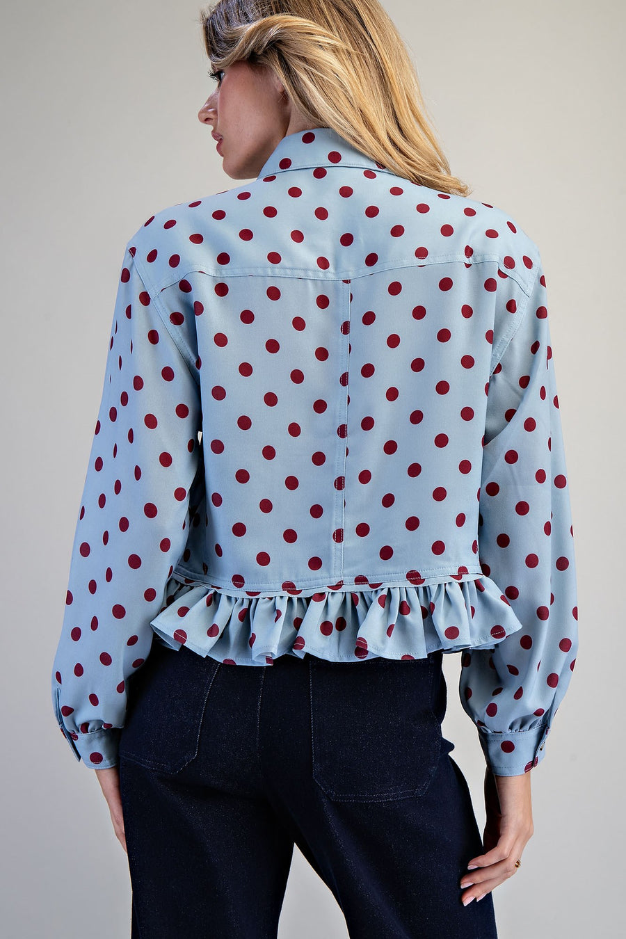 Tamberly Polka Dot Ruffle Hem Button Front Top