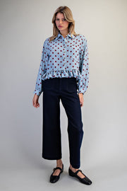 Tamberly Polka Dot Ruffle Hem Button Front Top