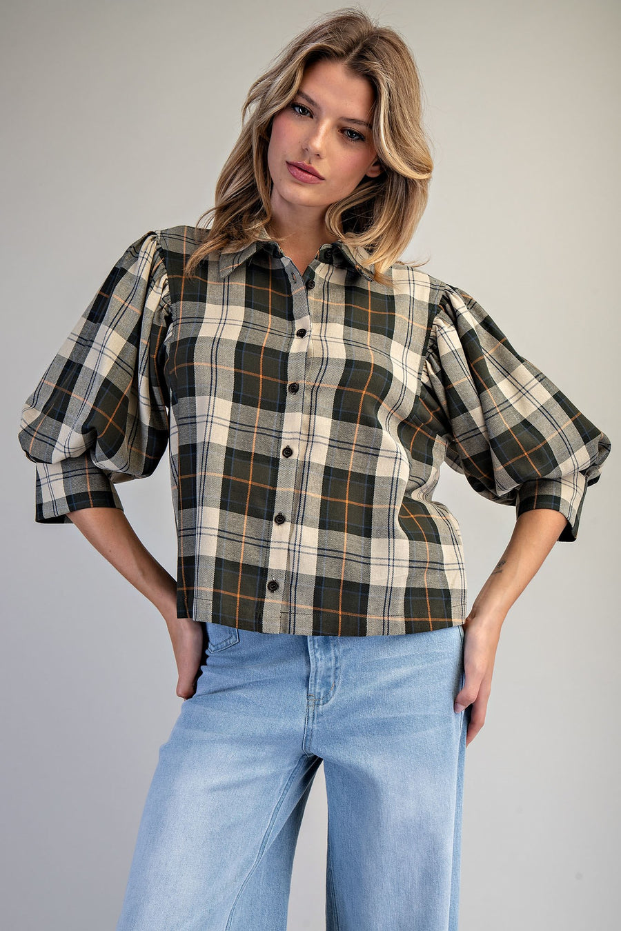 Carter Plaid Bubble Puff Half Sleeve Plaid Blouse
