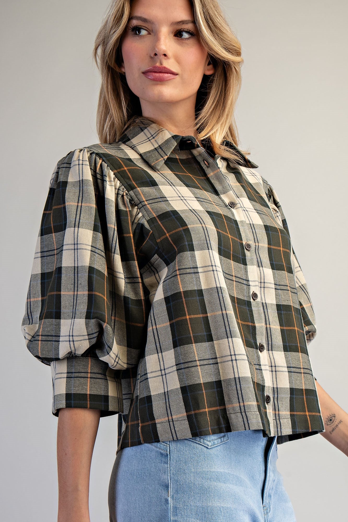 Carter Plaid Bubble Puff Half Sleeve Plaid Blouse