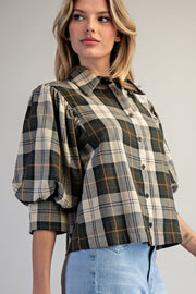 Carter Plaid Bubble Puff Half Sleeve Plaid Blouse