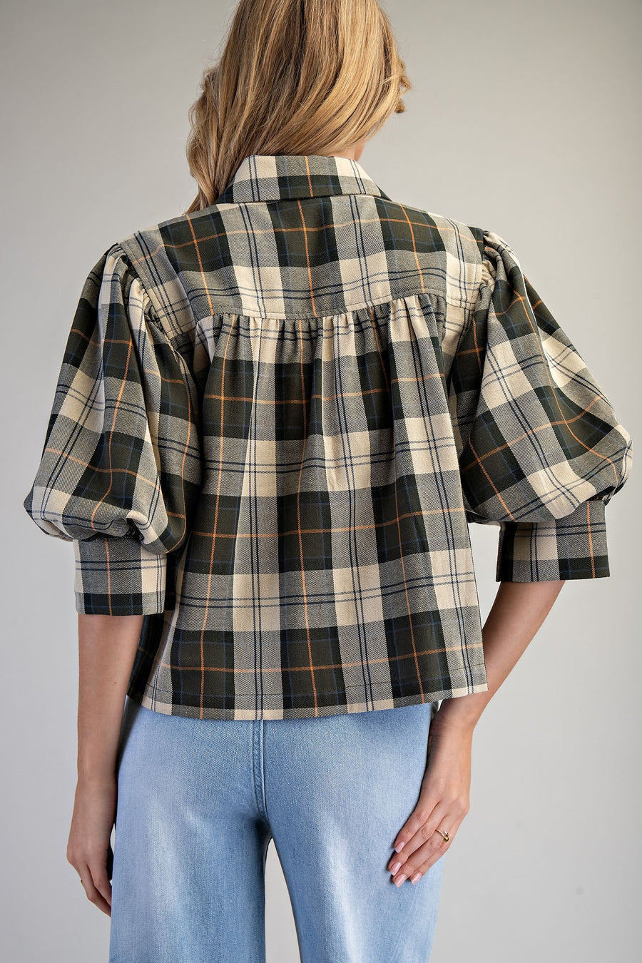 Carter Plaid Bubble Puff Half Sleeve Plaid Blouse