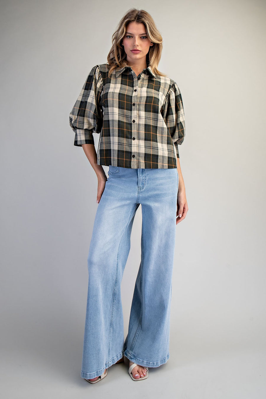Carter Plaid Bubble Puff Half Sleeve Plaid Blouse
