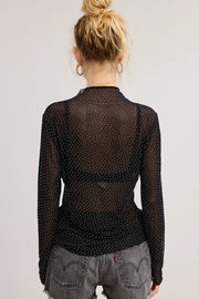 Sheer Mesh Studded Long Sleeve Top