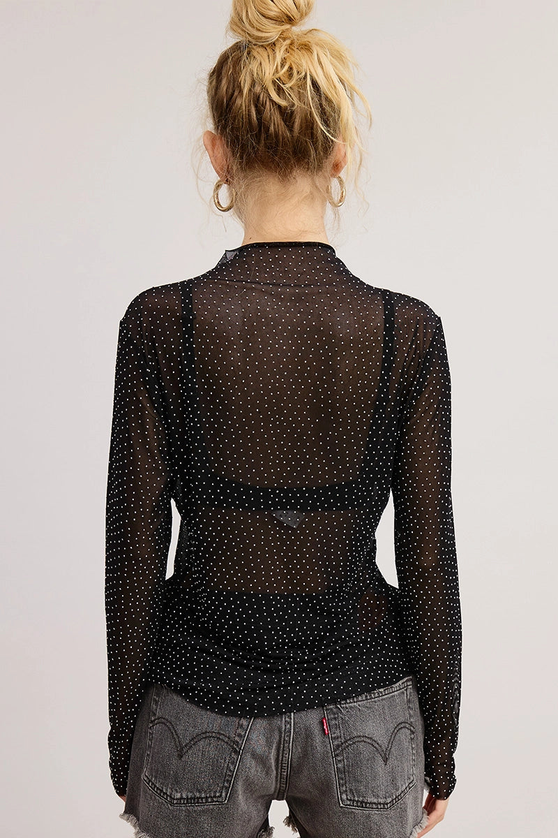 Sheer Mesh Studded Long Sleeve Top