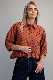 Tamra Polka Dot Ruffle Hem Button Front Top