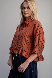 Tamra Polka Dot Ruffle Hem Button Front Top
