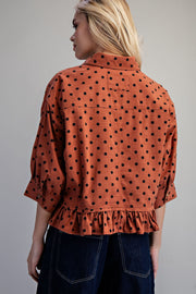Tamra Polka Dot Ruffle Hem Button Front Top