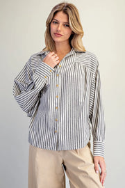 Ticking Stripe Soft Washed Dolman Sleeve Button Front Blouse