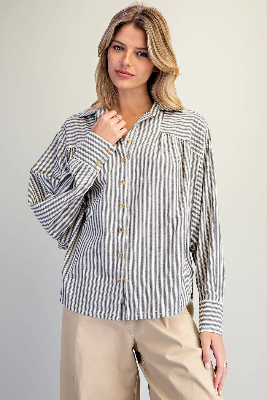 Ticking Stripe Soft Washed Dolman Sleeve Button Front Blouse