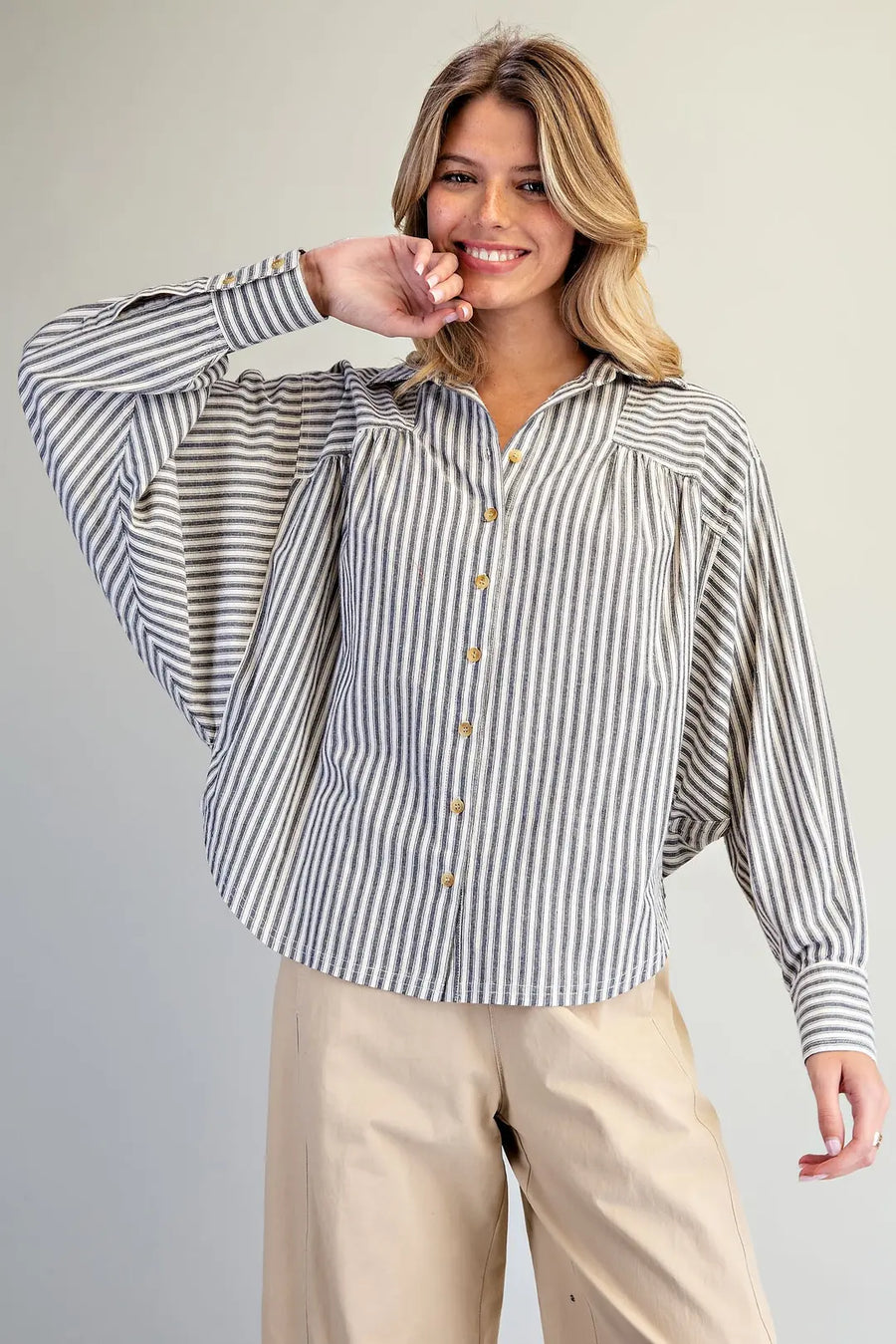 Ticking Stripe Soft Washed Dolman Sleeve Button Front Blouse