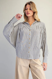 Ticking Stripe Soft Washed Dolman Sleeve Button Front Blouse