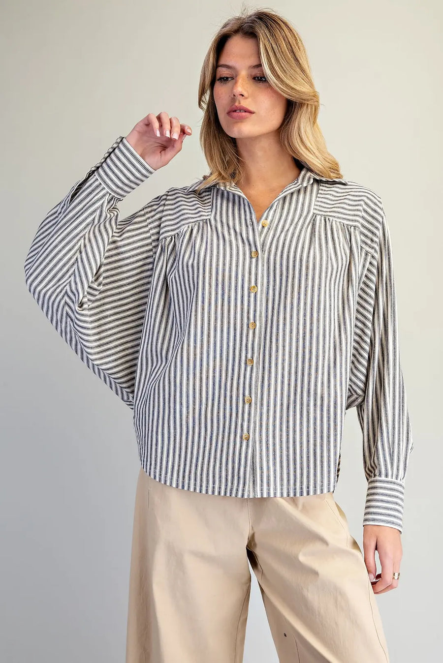 Ticking Stripe Soft Washed Dolman Sleeve Button Front Blouse