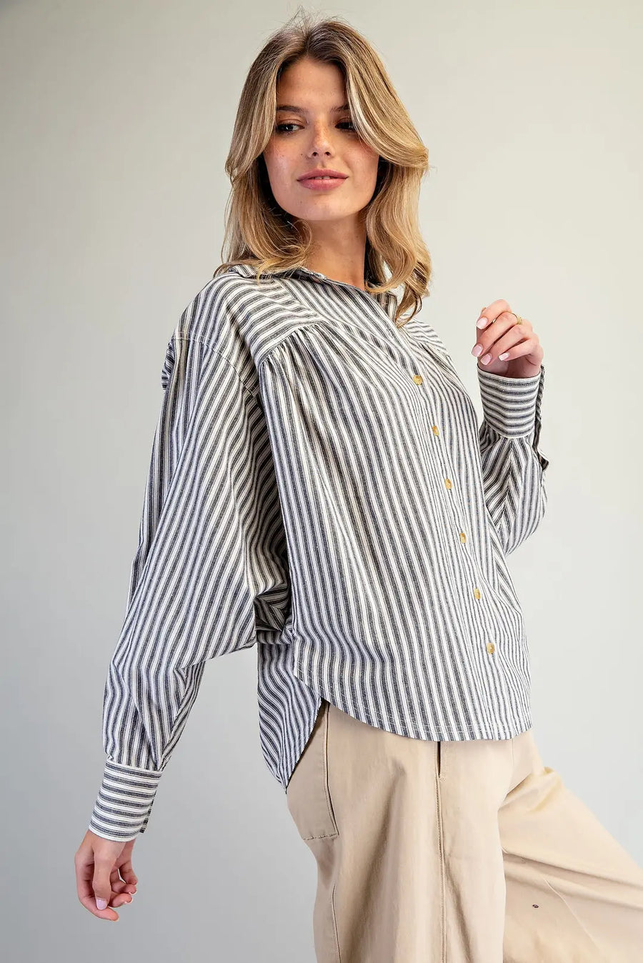 Ticking Stripe Soft Washed Dolman Sleeve Button Front Blouse