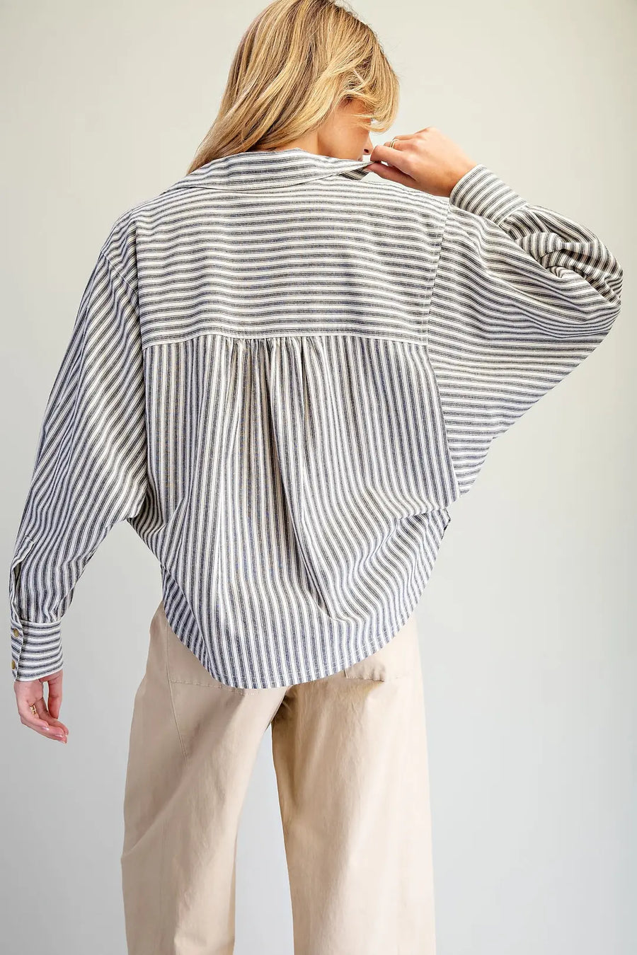 Ticking Stripe Soft Washed Dolman Sleeve Button Front Blouse