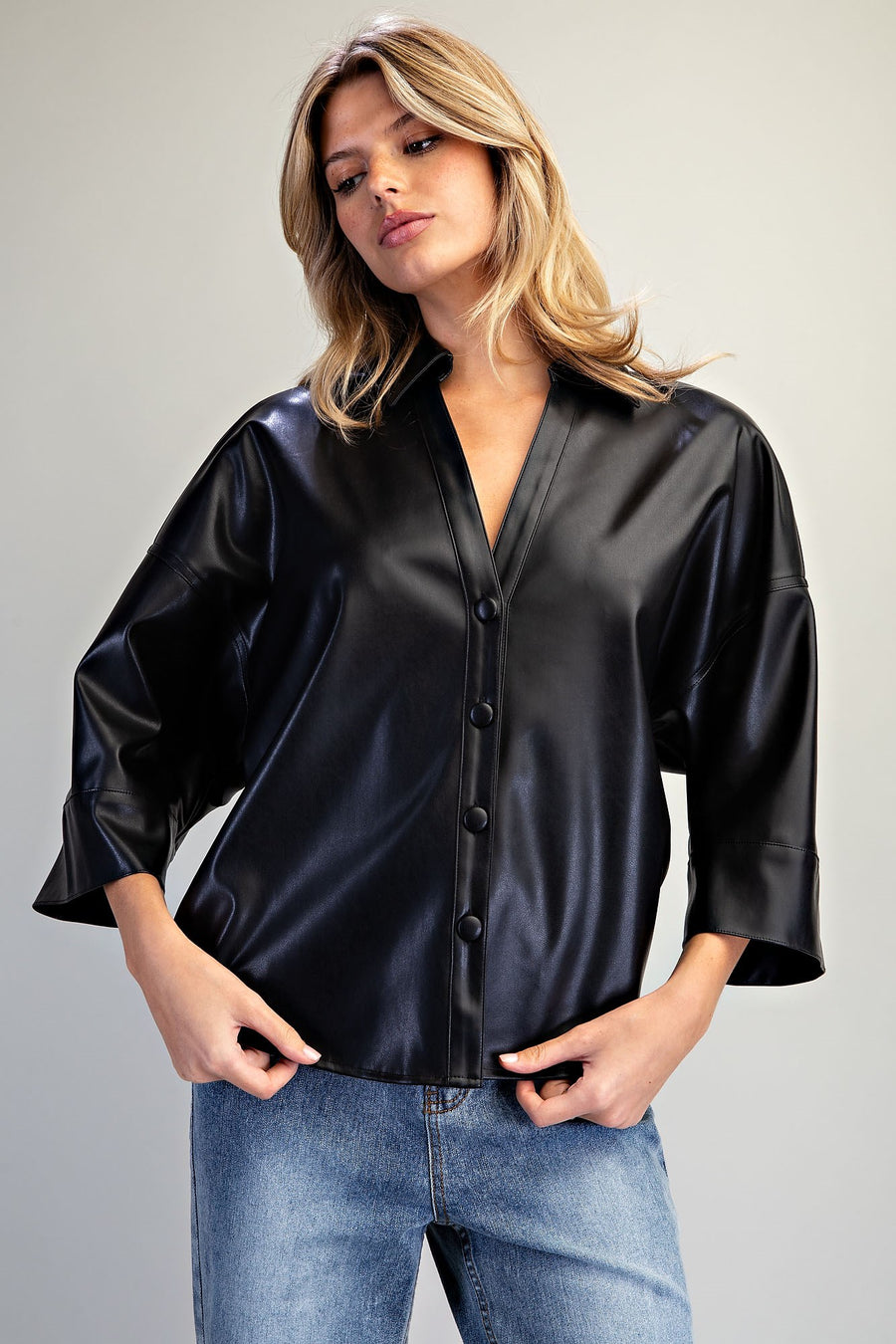 Dark Angel Pleather Button Down Back Pleat Top