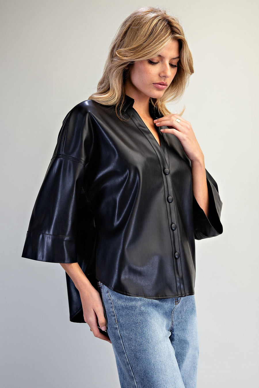 Dark Angel Pleather Button Down Back Pleat Top
