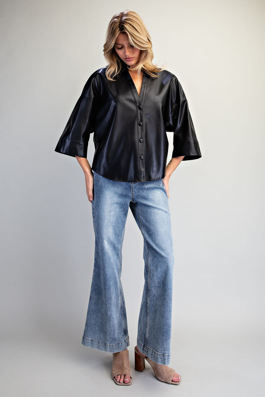 Dark Angel Pleather Button Down Back Pleat Top