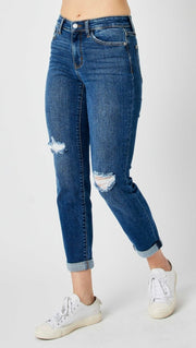 Foolin' Mid Rise Slim Fit Rolled Cuff Ankle Crop Jeans With Destroyed Knees