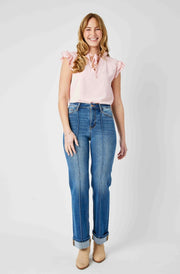 Felon High Waist Front Seam Detail Cuffed Straight Denim Jeans