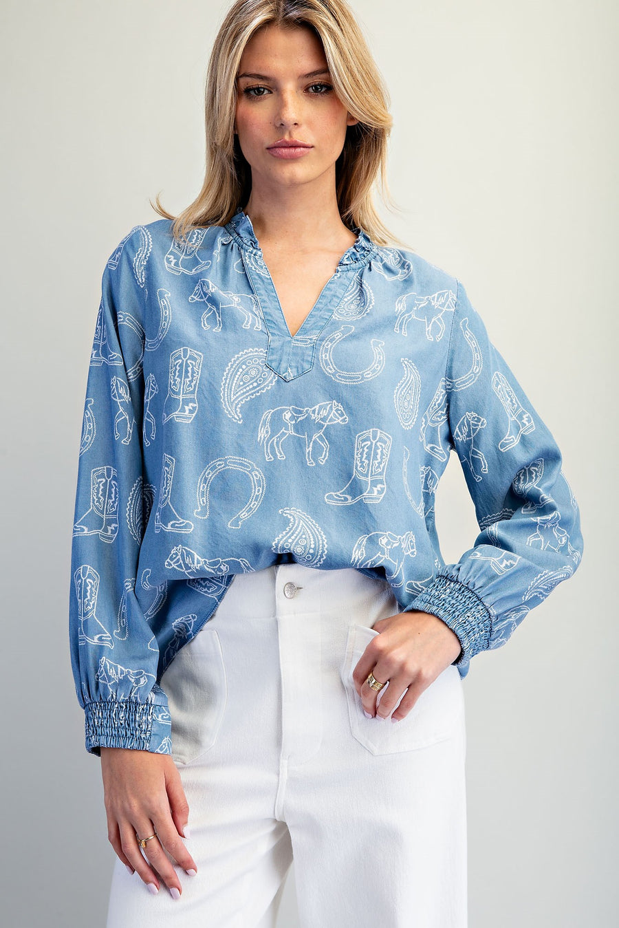 Gone Country Long Sleeve Western Inspired Chambray Top