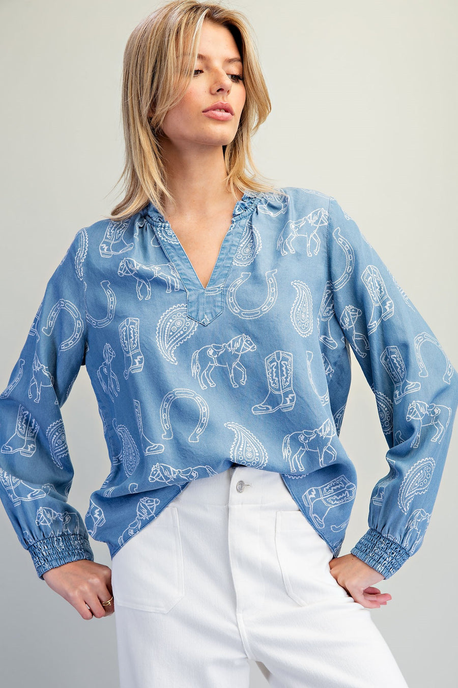 Gone Country Long Sleeve Western Inspired Chambray Top