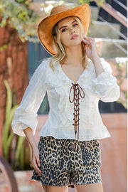Reva Ruffle V-Neck Laced Tie-Front Long Sleeve Blouse