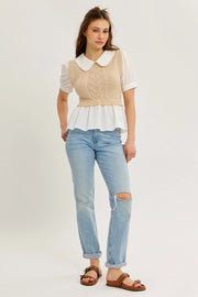 Teagan Sweater Vest Twofer Top with Peter Pan Collar and Ruffled Hem
