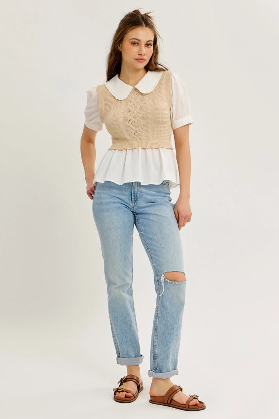 Teagan Sweater Vest Twofer Top with Peter Pan Collar and Ruffled Hem