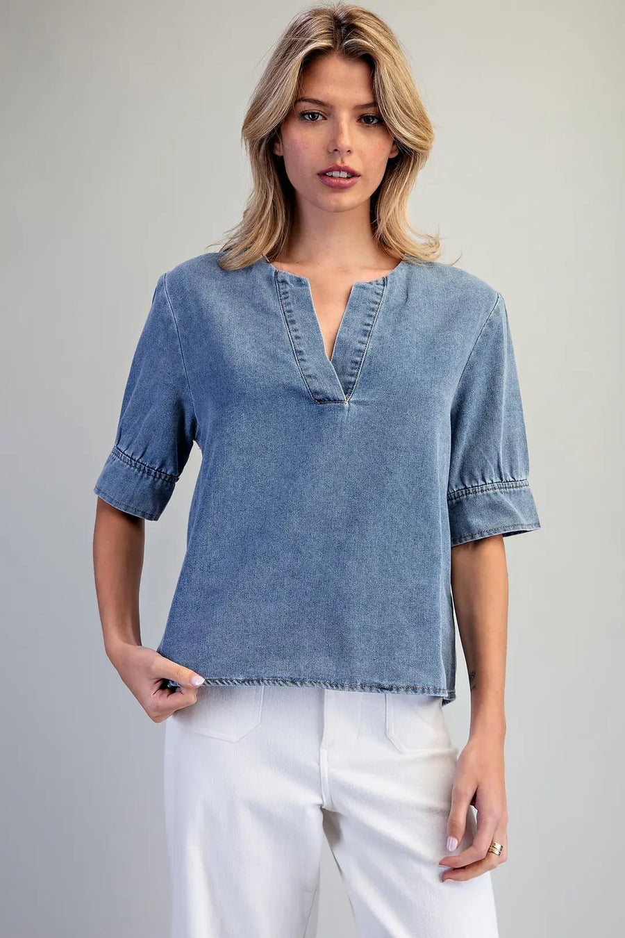 Everett Denim Notched V-Neck Blouse Top