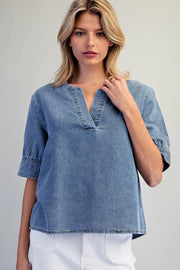 Everett Denim Notched V-Neck Blouse Top