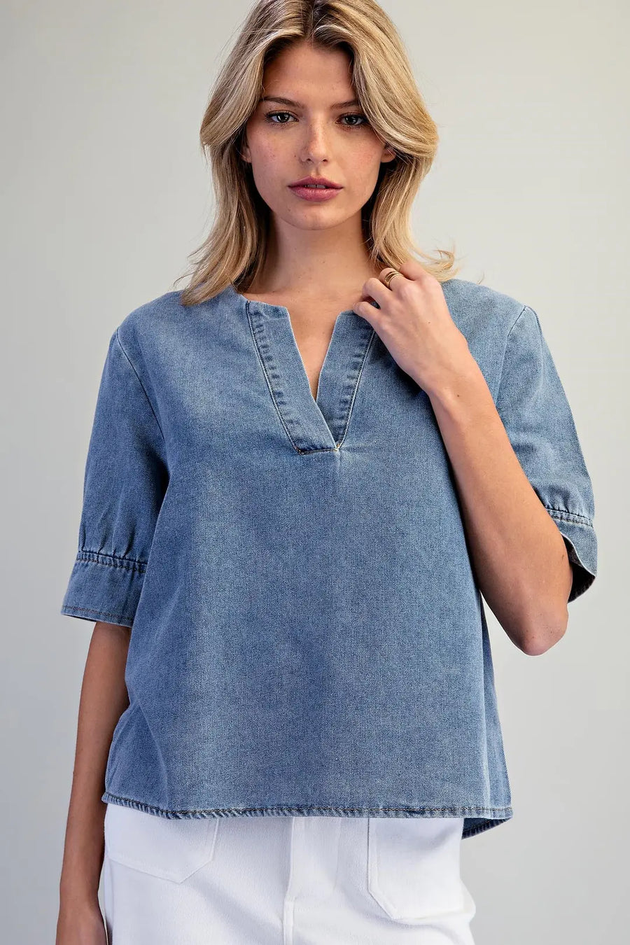 Everett Denim Notched V-Neck Blouse Top